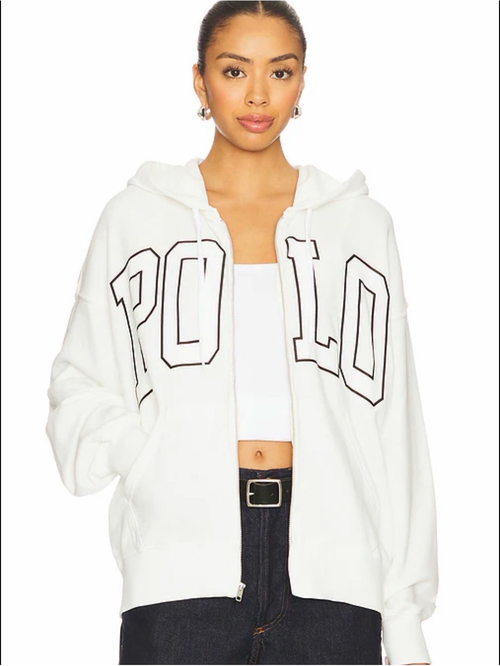 Ralph Lauren White Zip Front Hoodie With Black Polo Lettering